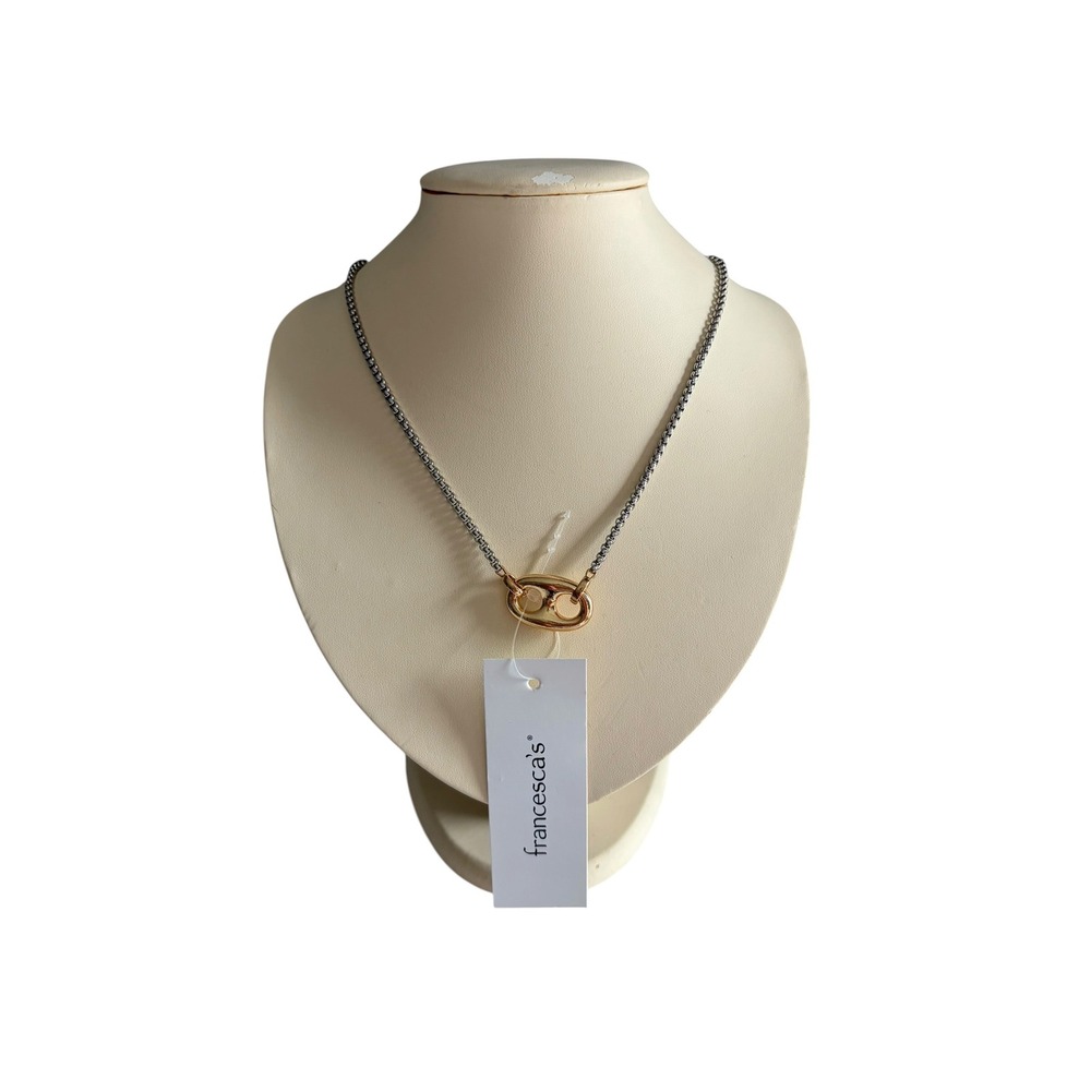 Francescas Mixed Metal Box Chain Necklace Gold Puffy Mariner Link Pendant NWT